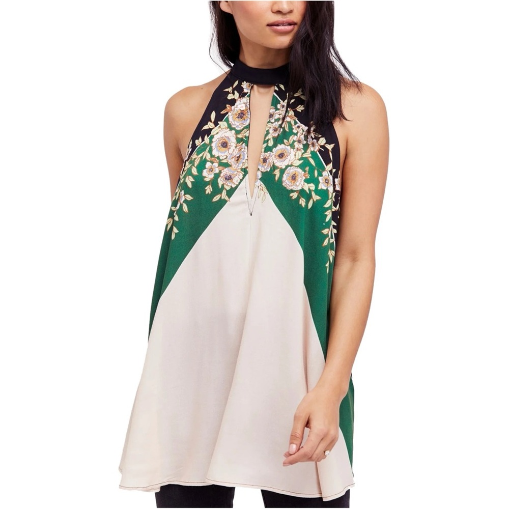 Free People Green Ivory Floral Halter Tunic